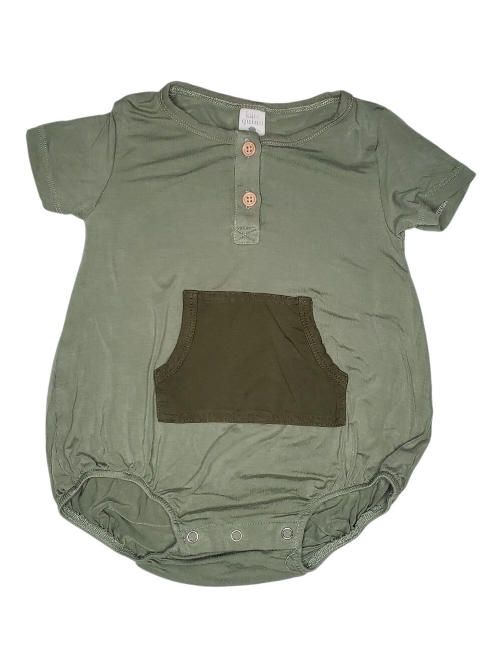 Kate Quinn Sage Green Bamboo Henley Bubble Romper with Kangaroo Pocket 12-18M